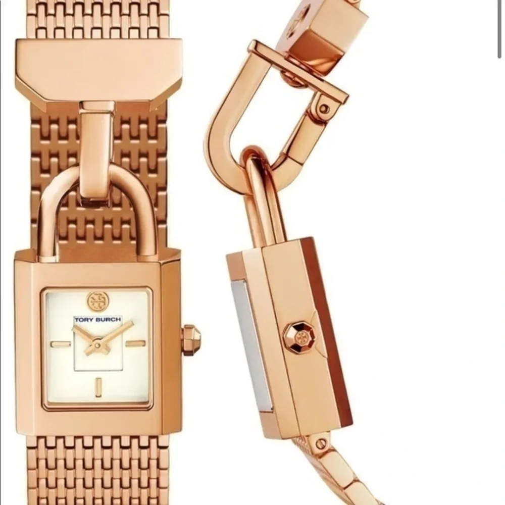 Tory Burch Rose Gold Padlock Mesh Bracelet Watch Quartz NWT
